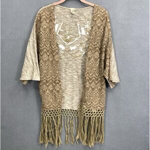 BKE Gimmicks Cardigan Sz Med Kimono Embroidered Open Fringe S/S Open Neutral